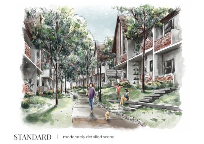 hand draw and render digital architecture illustration