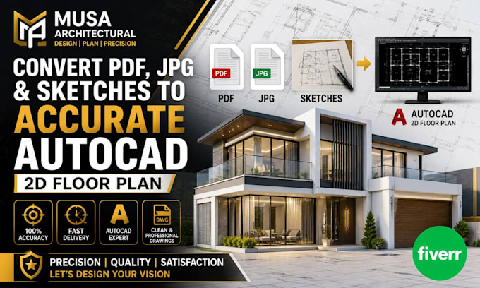 convert pdf or sketches to accurate autocad 2d floor plan