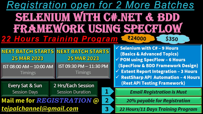 Do live training on csharp using selenium specflow restsharp extent ...