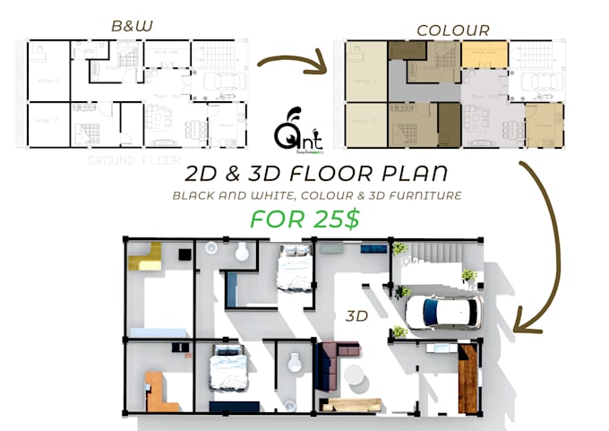 do realistic 2d and 3d floor plans in photoshop