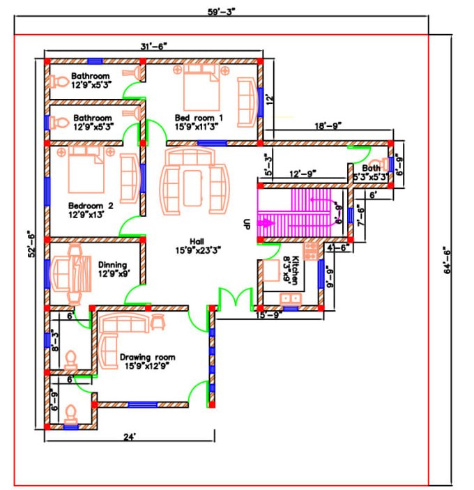 Draw 2d floor plans in autocad by Muhammadziya101 | Fiverr