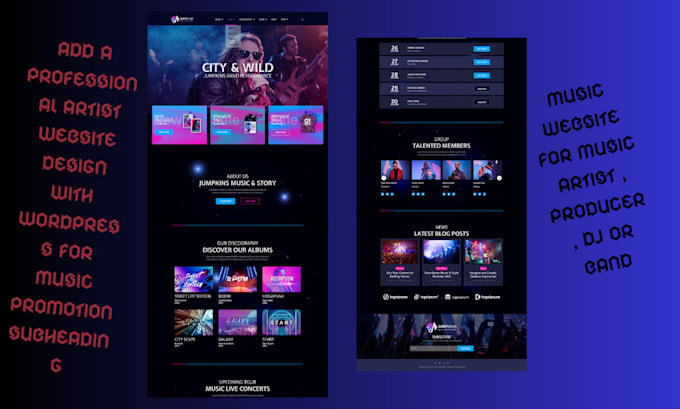 create a professional artist website design with wordpress for music promotion
