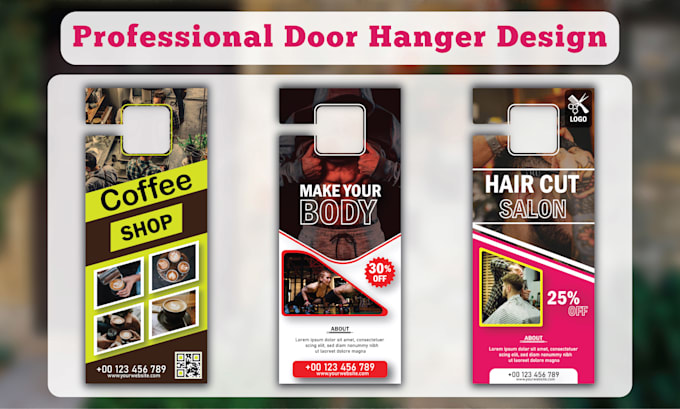 do door hanger, dl flyer, rack card, postcard and signage design