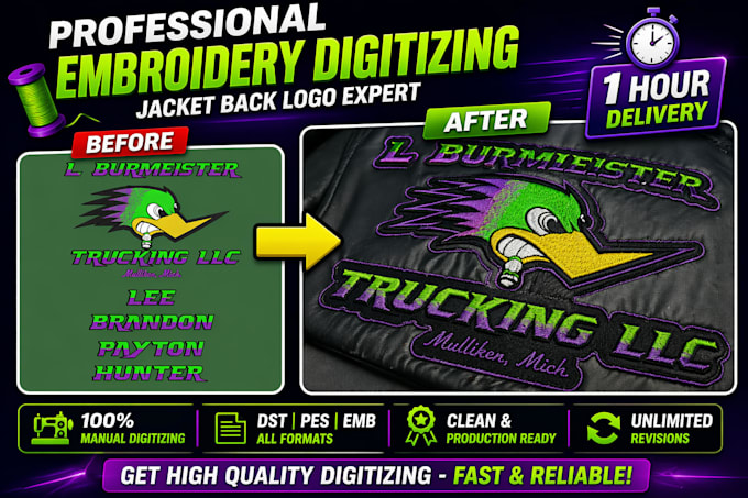 do embroidery digitizing logo into dst pes emb within 1 hour