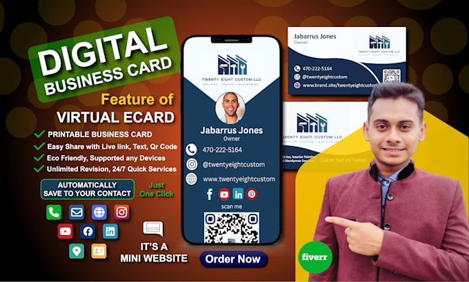 design a clickable digital business card vcard, print ready card with qr code