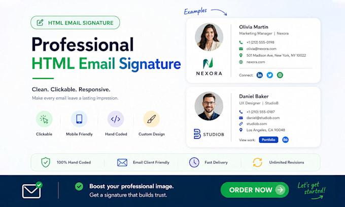 design a clickable HTML email signature for gmail and outlook, mobile friendly