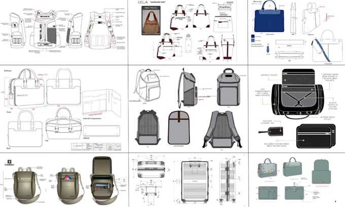 bag technical drawing for manufacturer, backpack, handbag, tote bag and suitcase