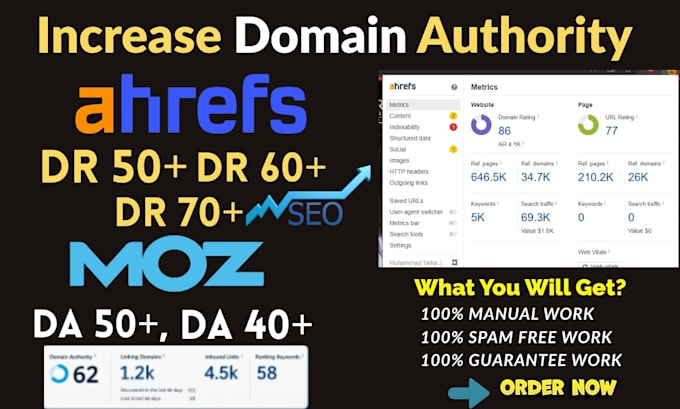 increase domain authorities moz da 50 ahref DR 70 plus tf 40 ur 80