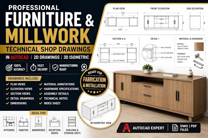 create millwork shop drawings for kitchen cabinets, casework, and furniture