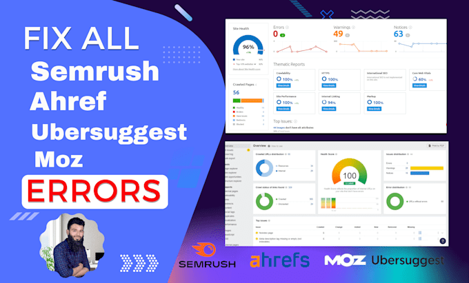 fix all errors, warnings of semrush, ahref, ubersuggest issues and technical SEO