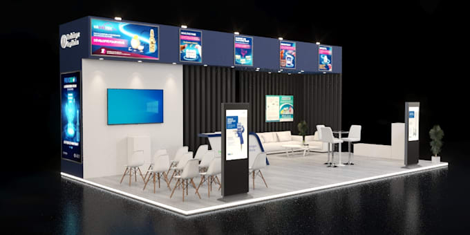 do realistic 3d modeling rendering of exhibition stand