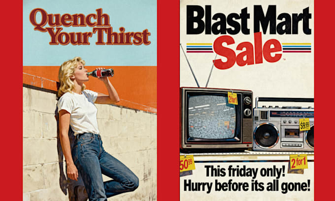 Make 1980s retro ad, album or book cover, film poster, nostalgic ...