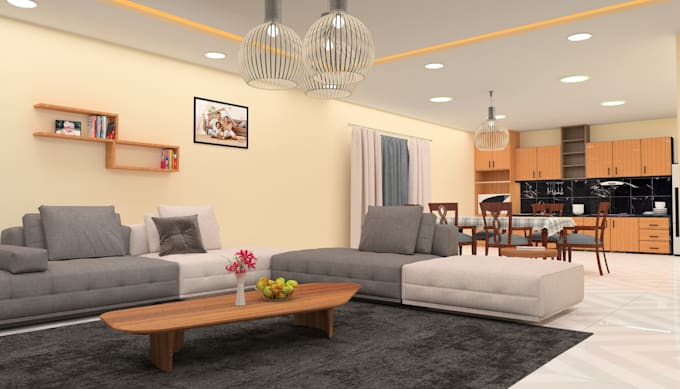 do interior design of your livingroom, bedroom, kitchen with 3d