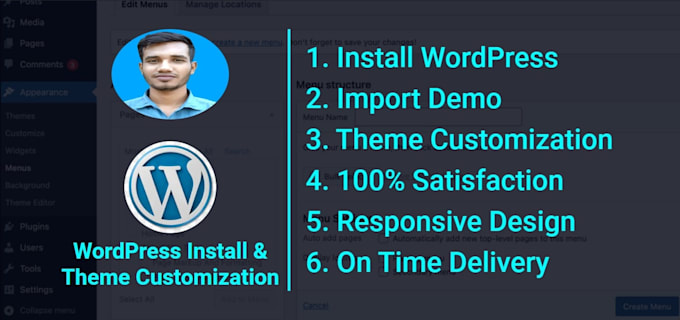 install wordpress, theme customization and demo import, redesign, copy website