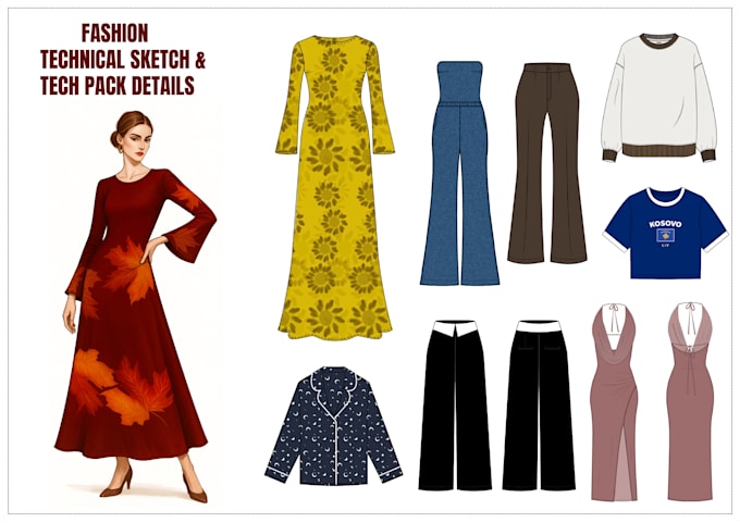 design clothing technical flat sketch, and tech pack design