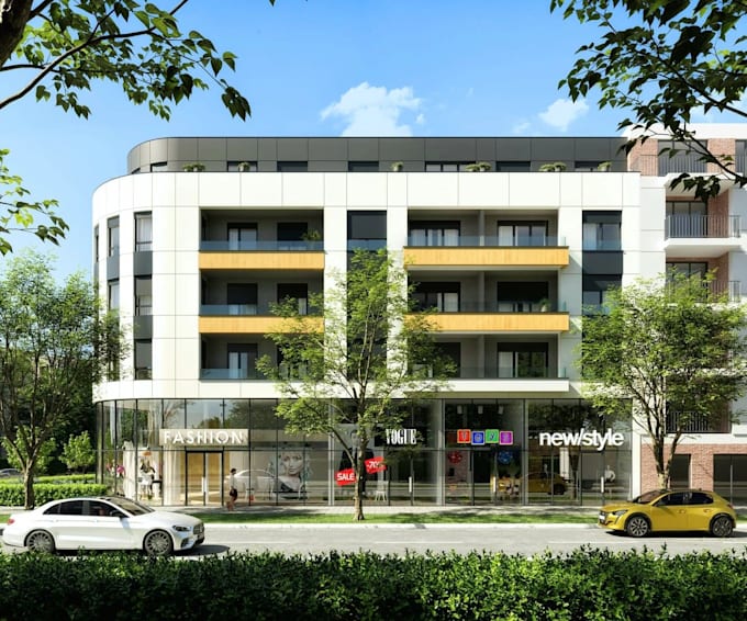 do 3d exterior render of commercial building