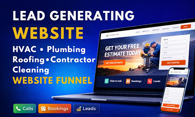 design roofing, hvac, plumbing, cleaning, contractor website to generate leads