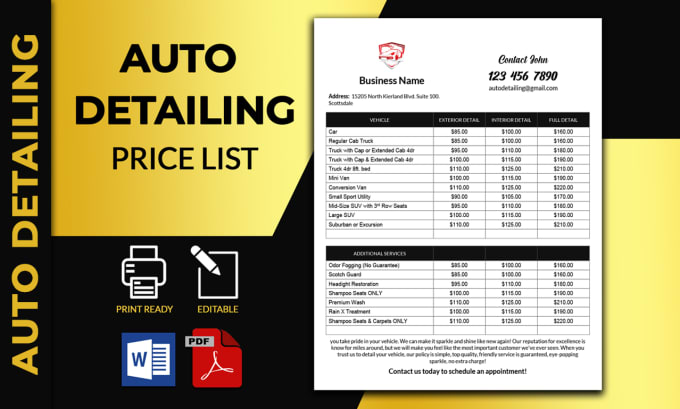 provide car auto detailing price list template, mobile detailing