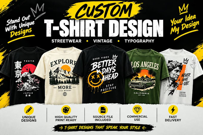 do trendy tshirt design, typography, illustrative designs fast