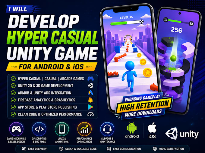 develop a hyper casual unity game for android and ios