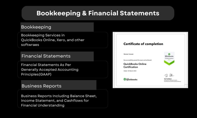 I will bookkeeping, financial statements, projections, profit and loss, cashflows