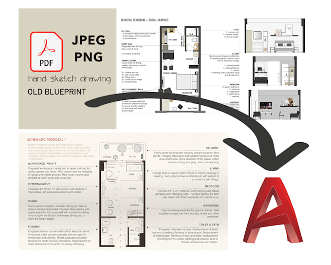 Convert pdf, jpeg, hand sketches to dwg autocad by Anneop Fiverr