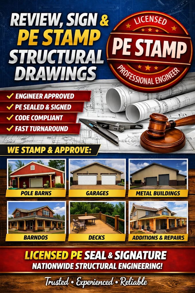 sign, stamp on structural drawings for pole barns deck barndos in USA