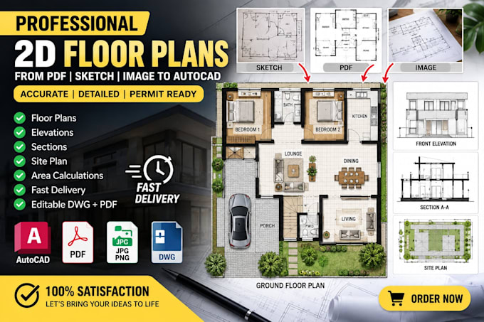redraw 2d floor plans in autocad from PDF sketch or image