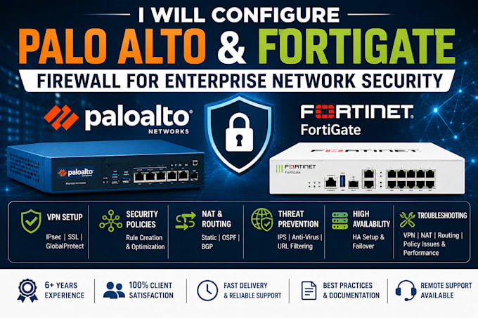 configure palo alto, fortigate firewall for enterprise network security
