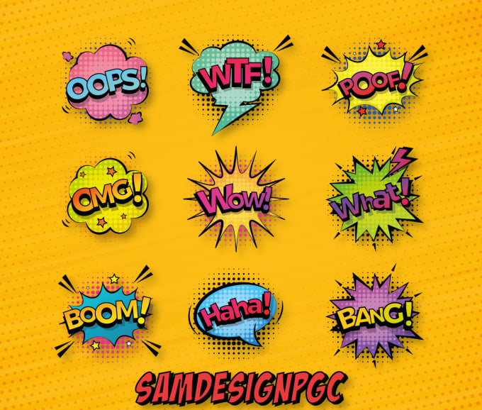 Design comic pop art, comic ext, cartoon words, slogans, text logo
