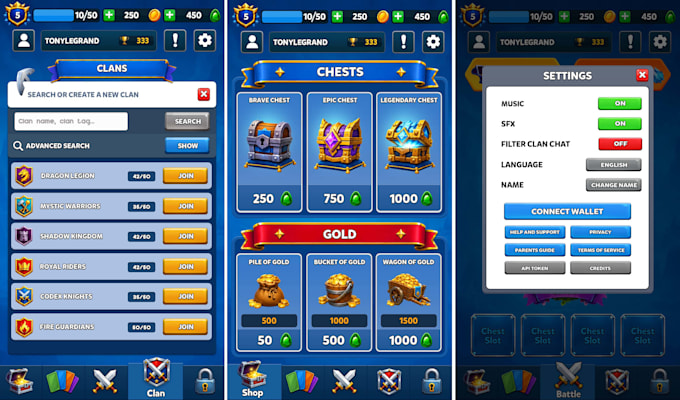 design modern mobile game UI, hud, menu and inventory