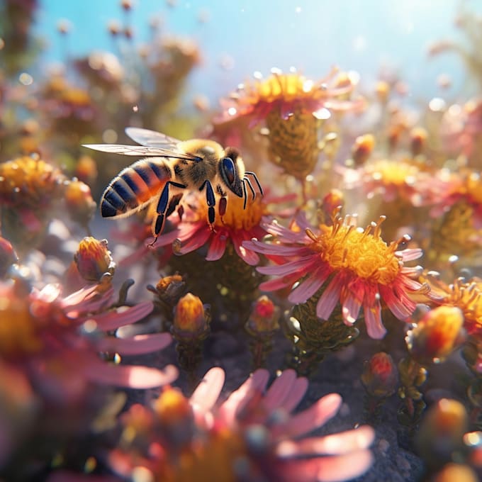 A swarm of tiny baby bees buzzing around colorful flowers by