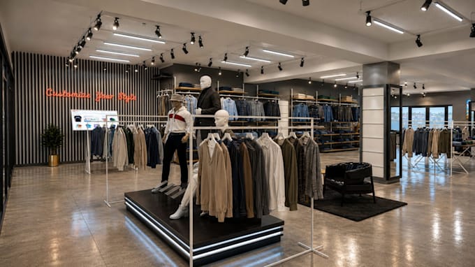 design a modern retail store interior and storefront in 3d