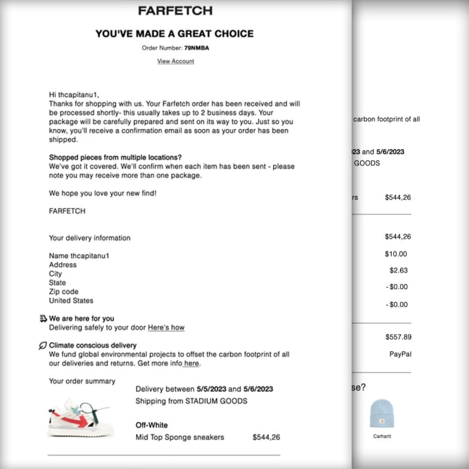 Create a farfetch receipt for you by Thcapitanu1 Fiverr