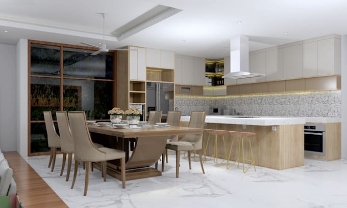 design 3d kitchen interior with photorealistic render