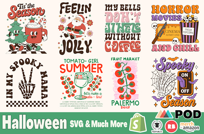 unique retro and vintage svg cut files for halloween, holidays, and pod designs