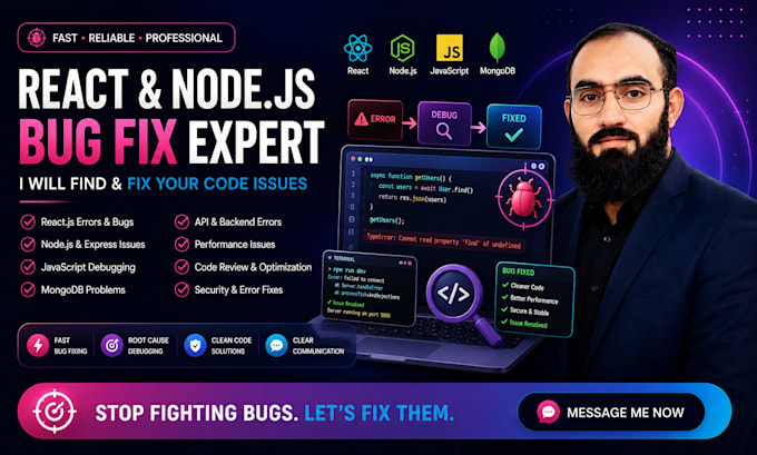 fix react, nodejs, js, mongodb issues, errors, bugs