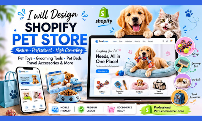 design shopify pet store, pet toys, grooming and pet accessories store