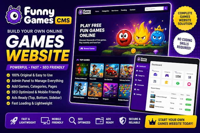 build an HTML5 arcade games website with admin panel