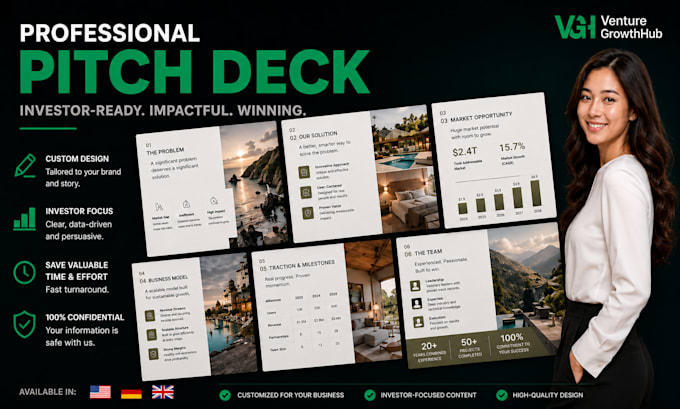 design your pitch deck in power point, google slides or canva