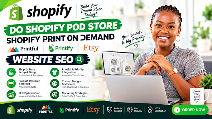 build shopify pod store with printify printful integration, etsy and website seo