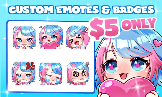 make chibi twitch emotes, animated emotes, sub badges, vtuber, stream, discord