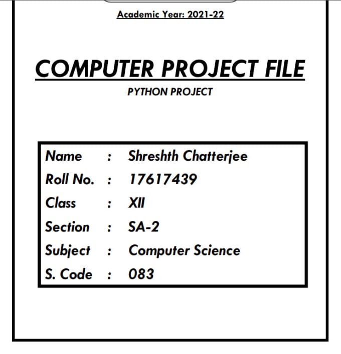 Create a full python project for class 12 cbse board using dbms by