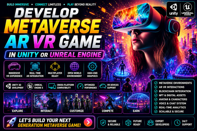 develop an ar VR metaverse game in unity or unreal engine