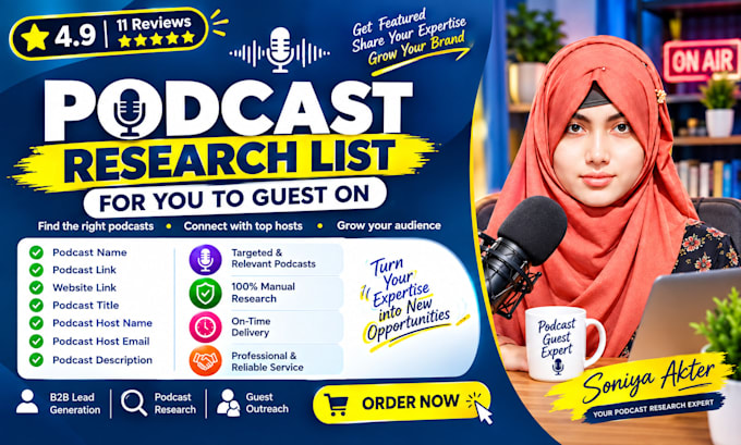 research a podcast list for you to guest on