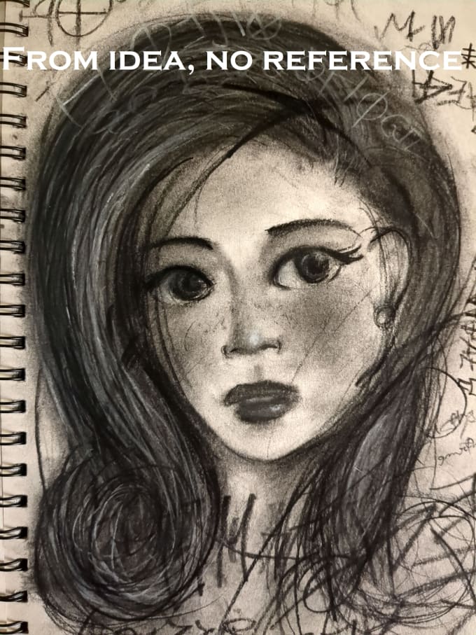 Original portrait drawing - charcoal and pencil girl. No reference