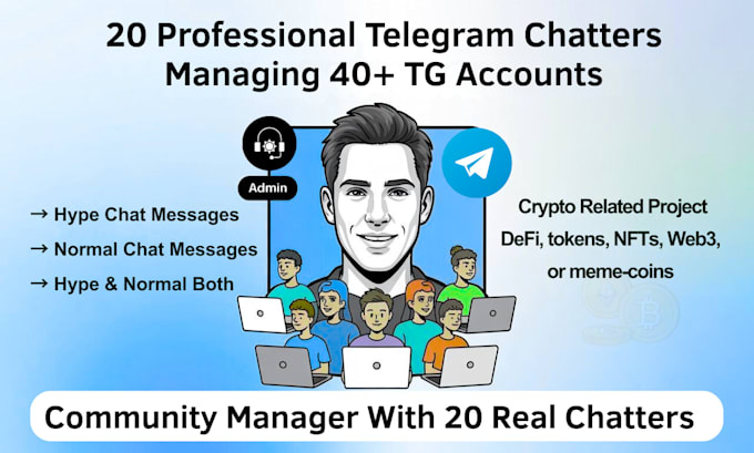 be telegram community manager or admin with 20 chatters in crypto project