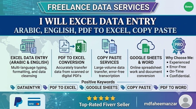 excel data entry arabic, english, pdf to excel, copy paste