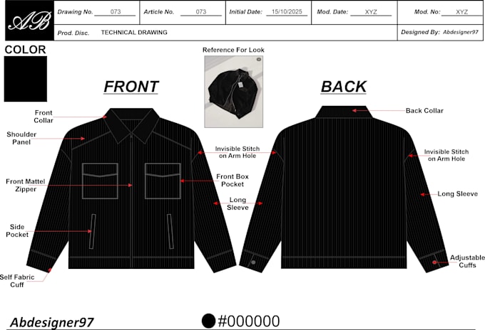 create a detailed corduroy jacket tech pack with size chart, pom, bom, and specs