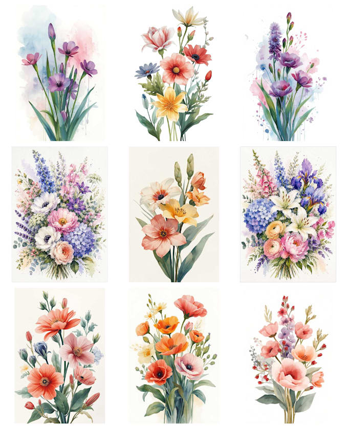 create watercolor flowers print art for digital download